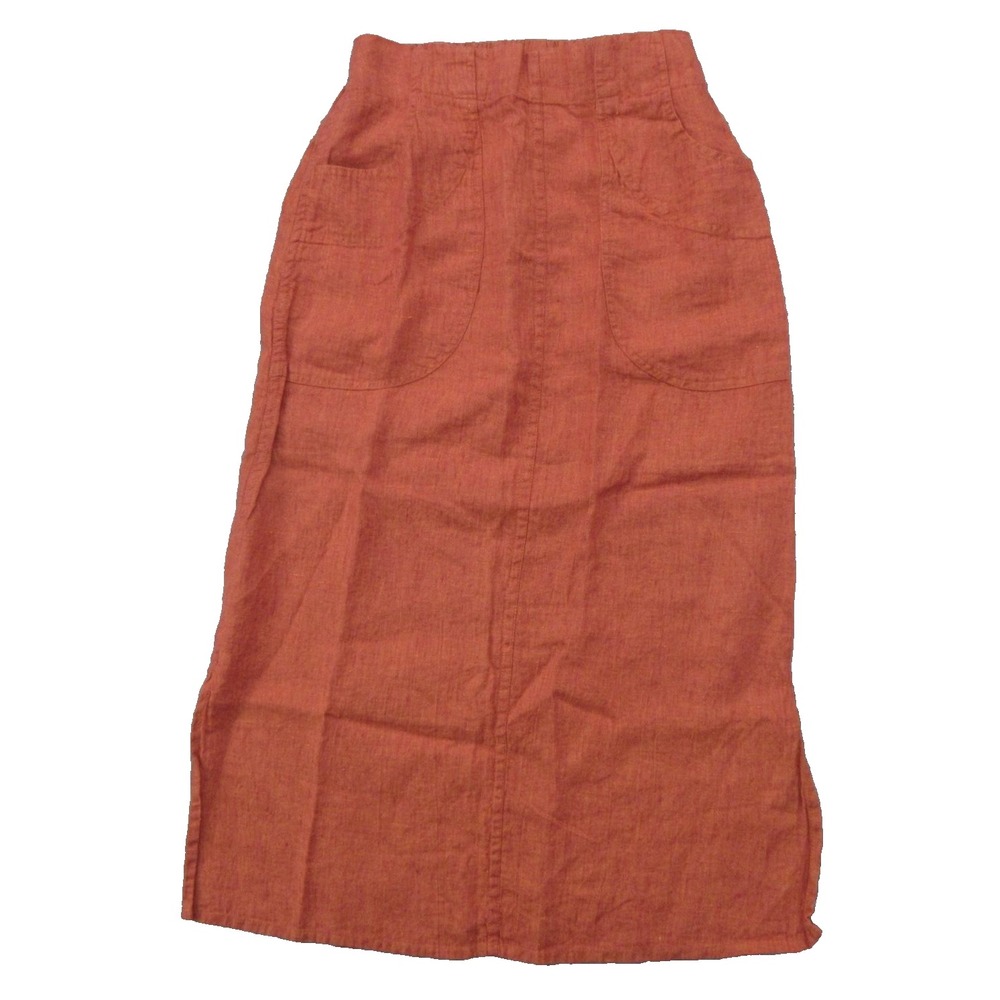 FLAX Skirt Womens Small Rust Orange Linen Midi Pockets Elastic Waist Pull On New